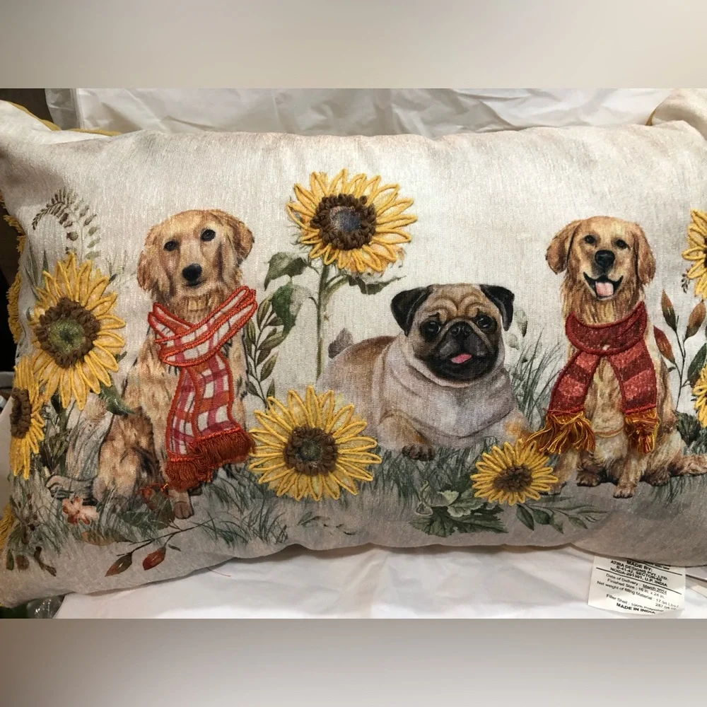 Sunflowers and puppy dog printed fringed rectangular decor accent pillow new‎
